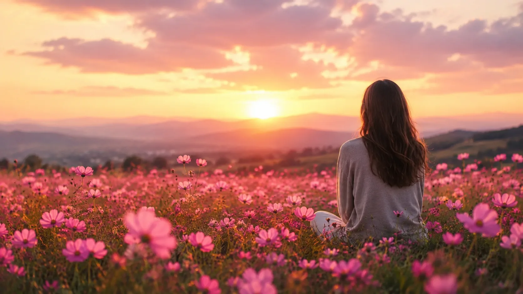 Woman sitting in a pink wildflower field at sunset