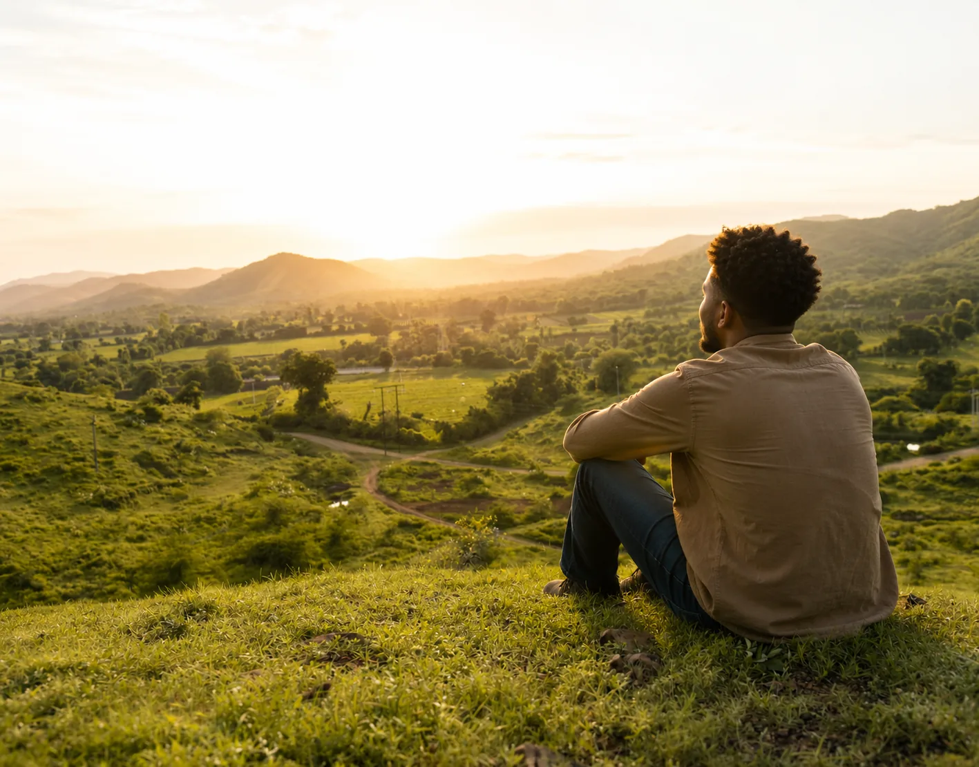 Man sitting on a hillside overlooking a green valley at sunset
