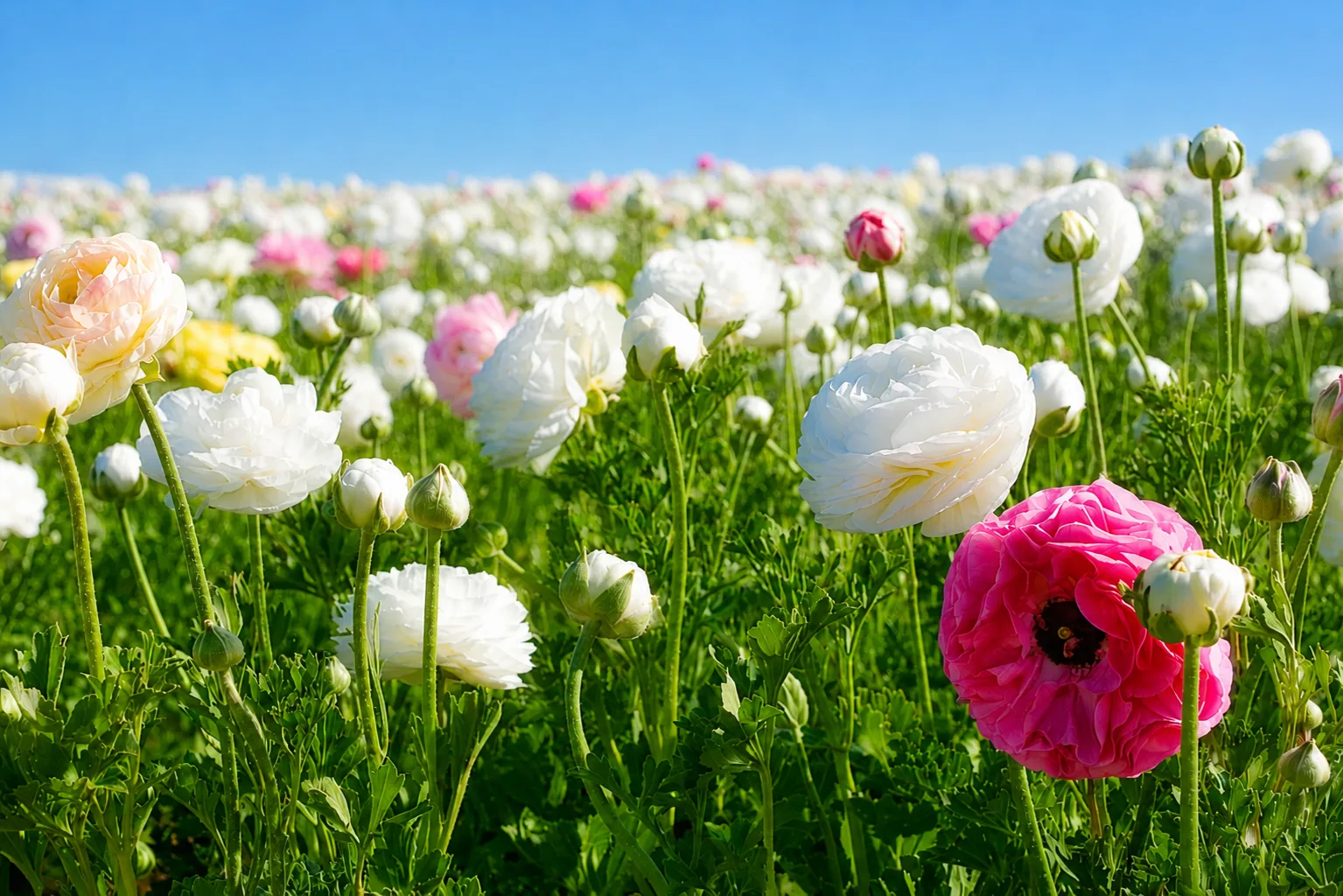 White and pink ranunculus flowers blooming in a sunny field