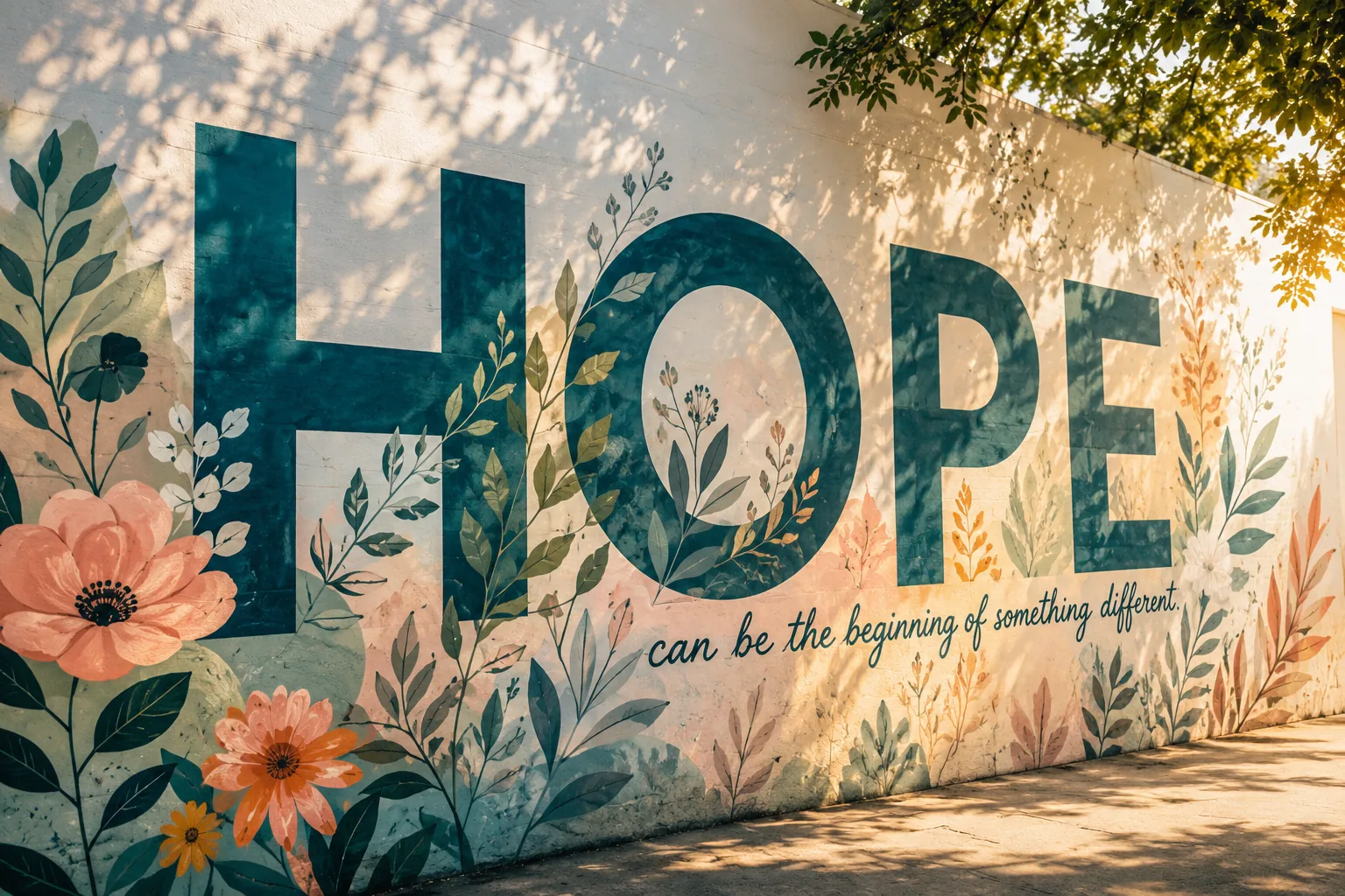 Floral HOPE mural with the message that hope can be the beginning of something different