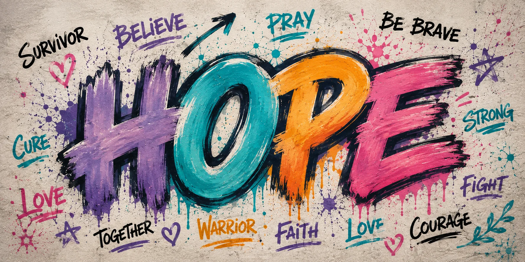 Colorful HOPE mural surrounded by words about strength, courage, love, and support