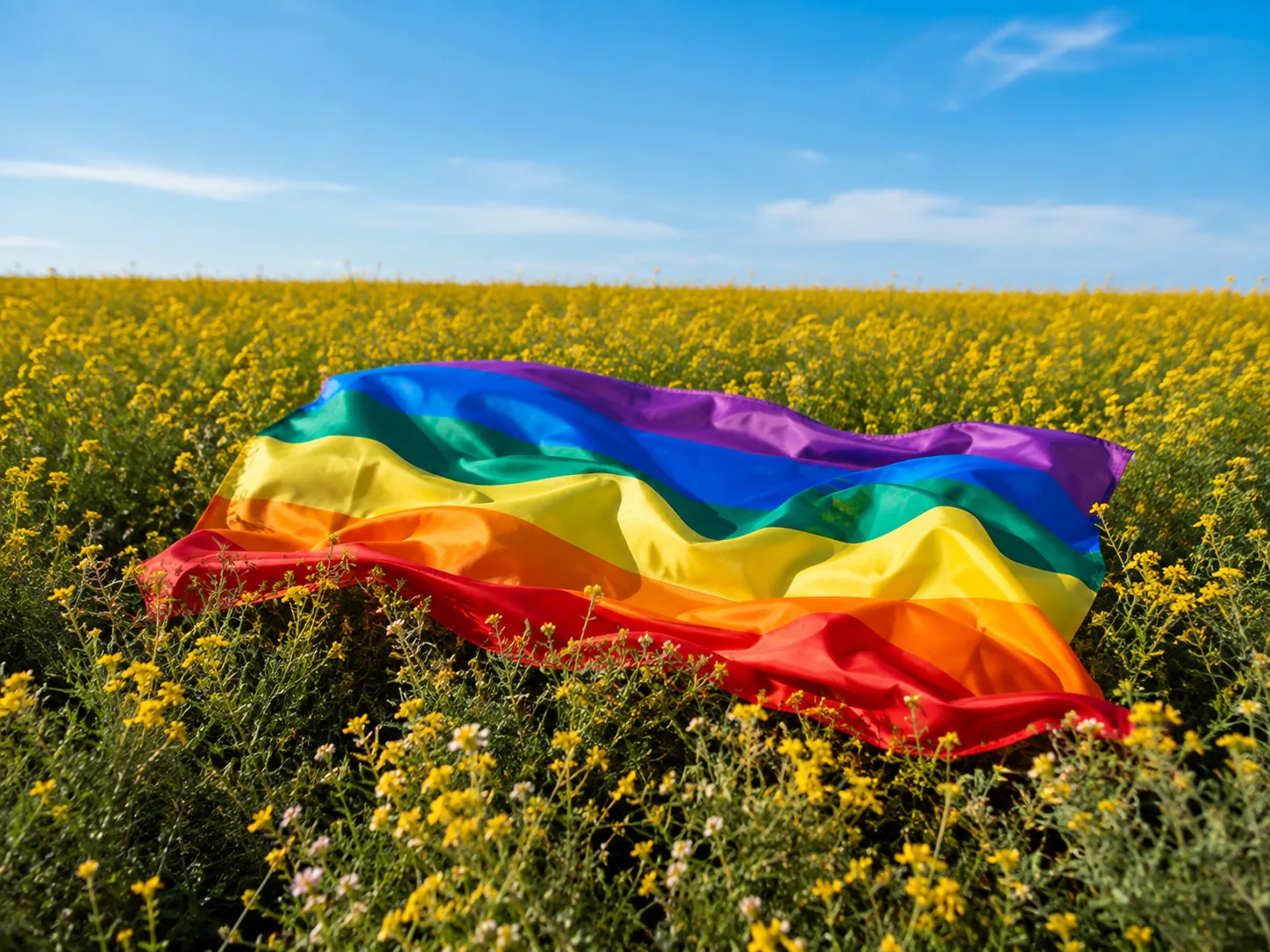 Rainbow pride flag resting in a yellow wildflower field under a blue sky