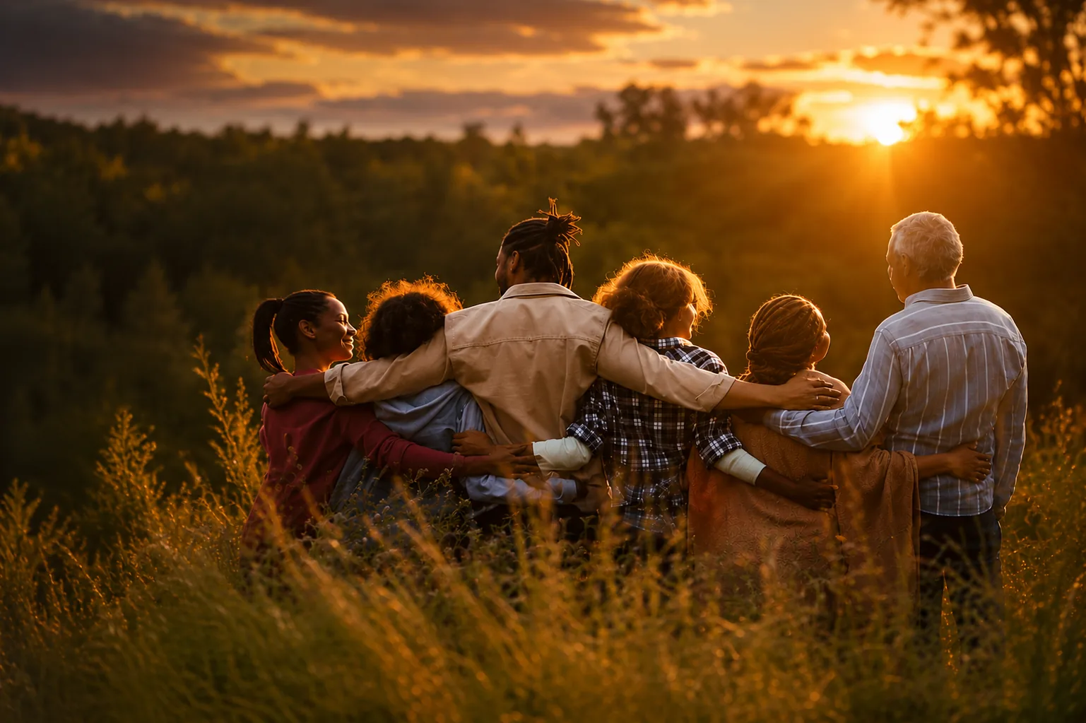 Family standing together with arms around one another at sunset