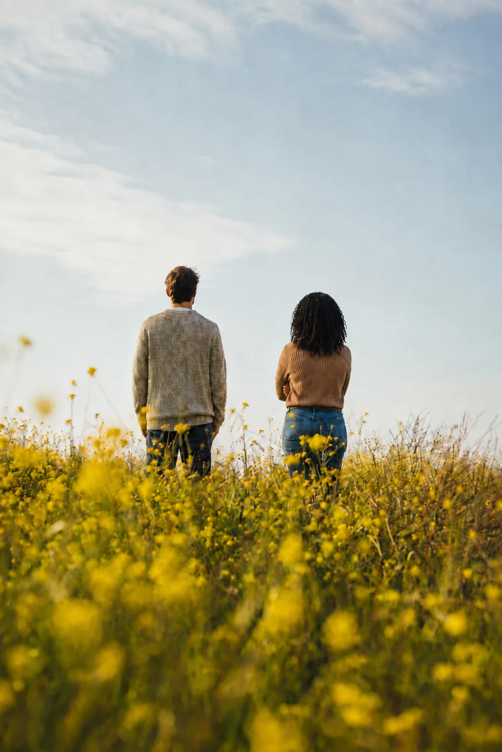 Couple standing apart in a yellow wildflower field