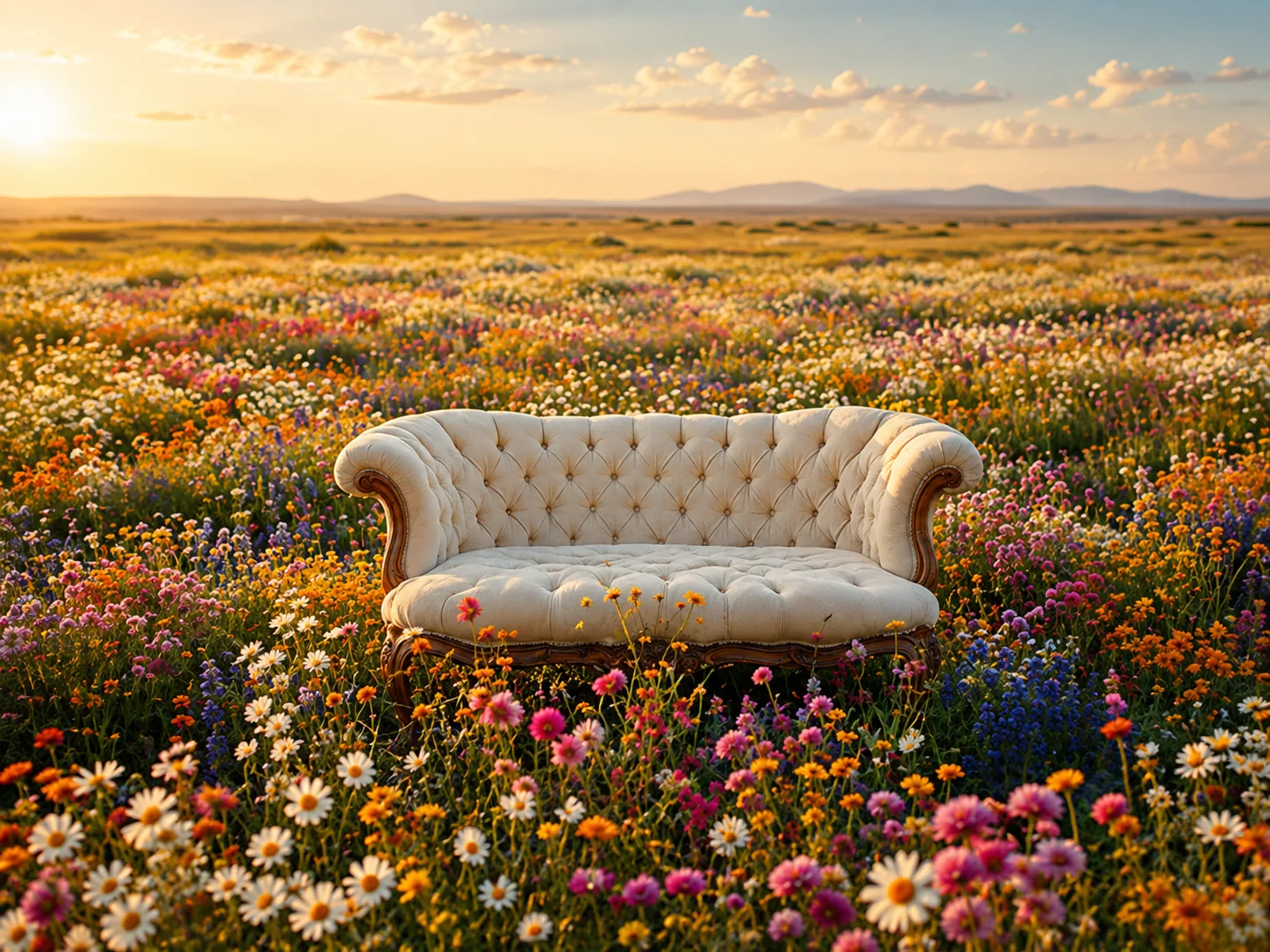 Cream sofa in a colorful wildflower field at sunset