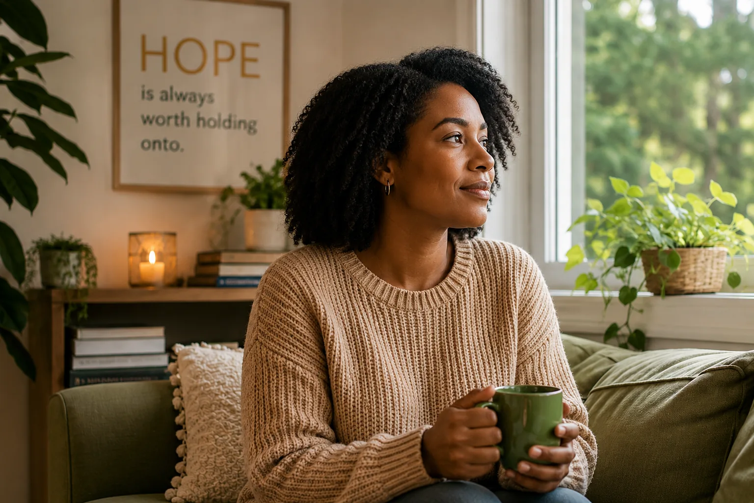 Black woman sitting with a mug in a calm therapy setting