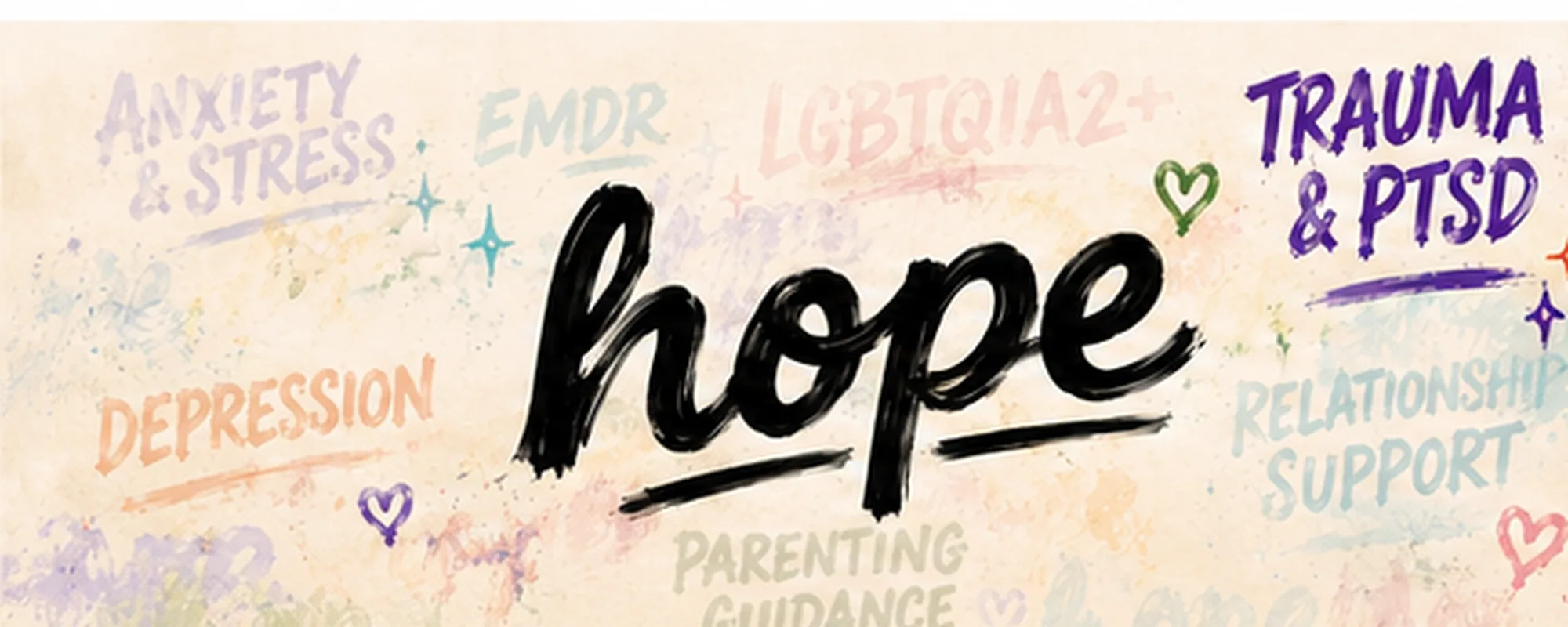 HOPE mural highlighting Trauma and PTSD in purple