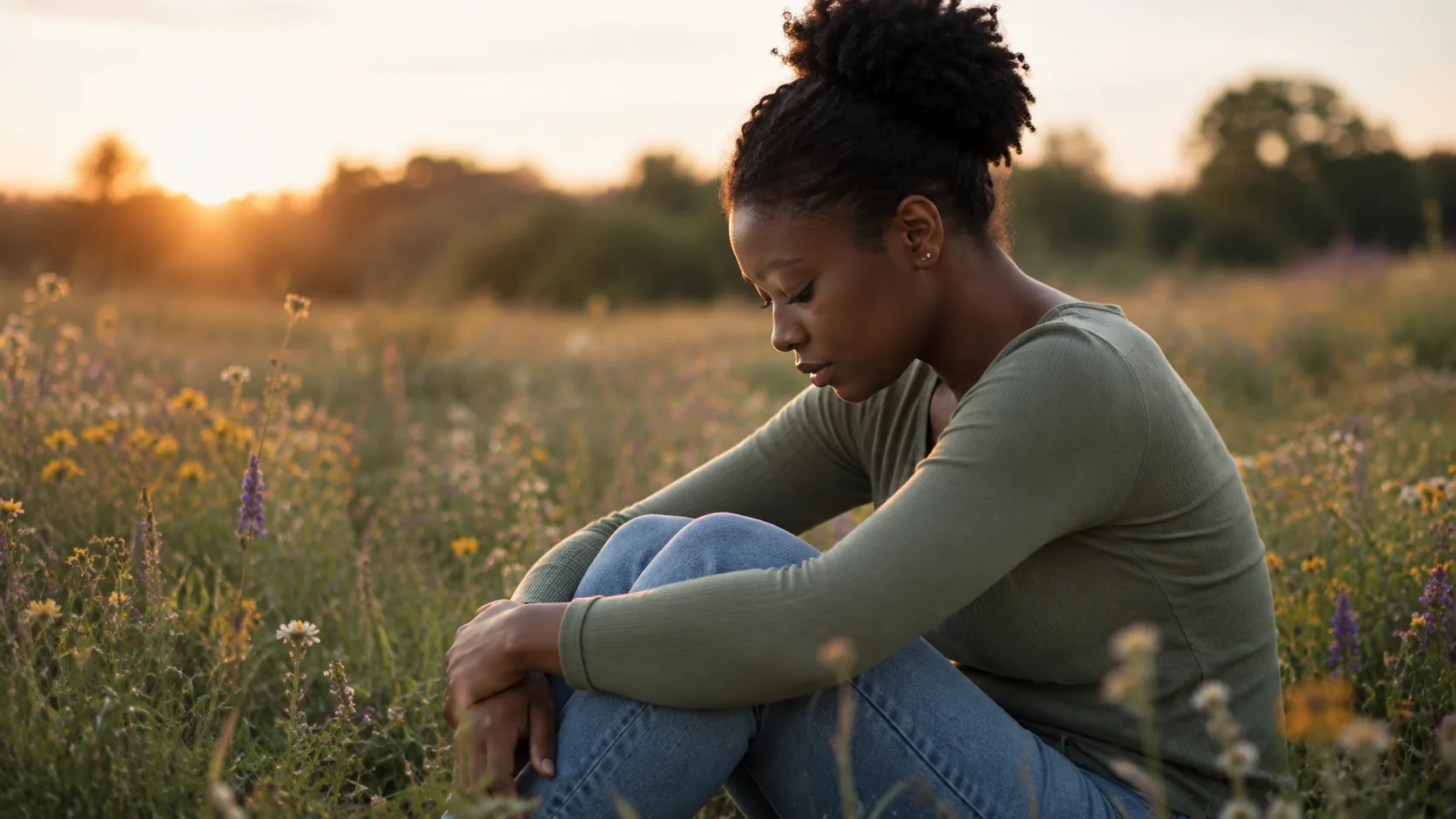 Woman sitting quietly in a wildflower field at sunset